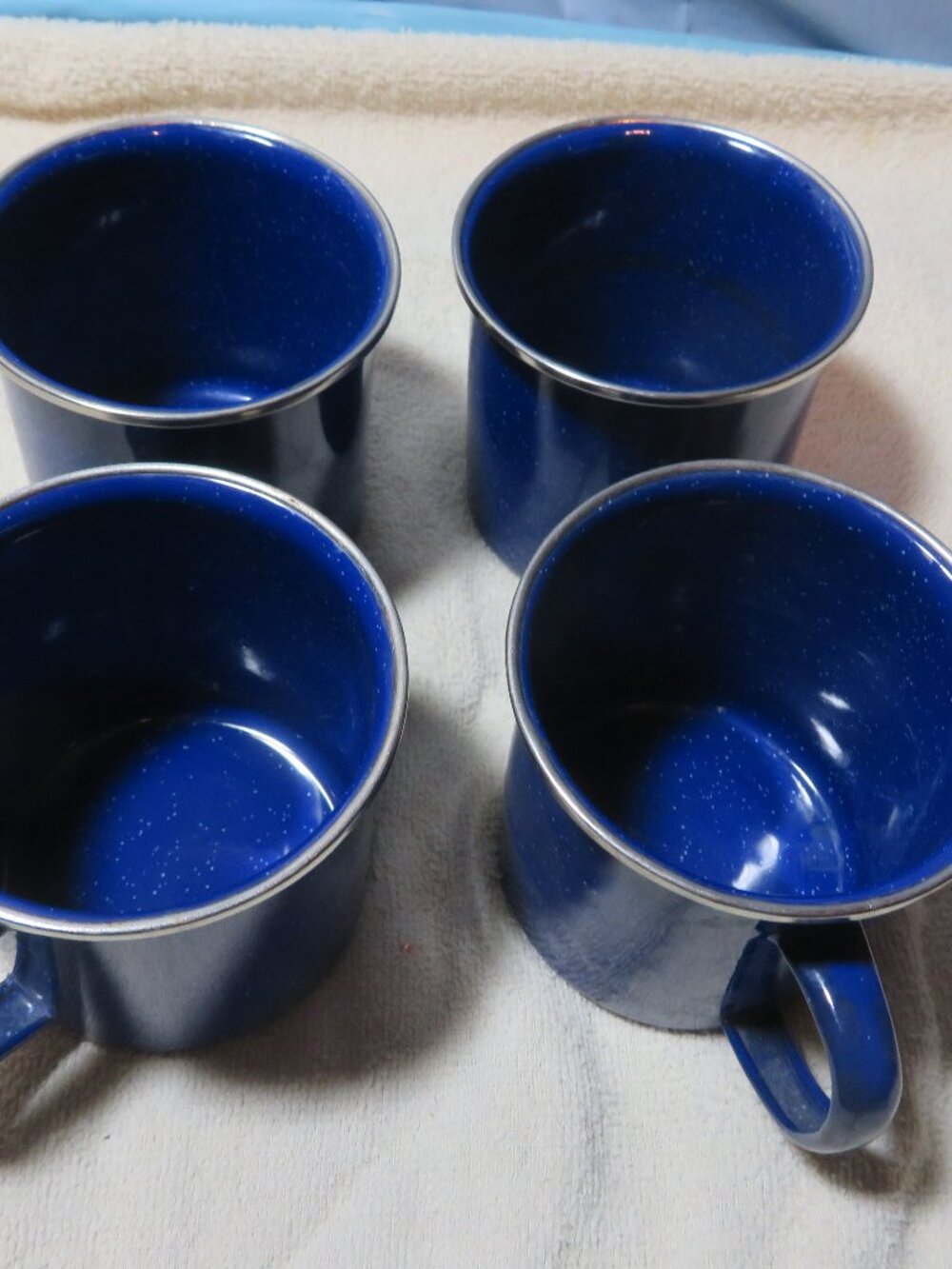 4 BLUE Tin coffee tea cups